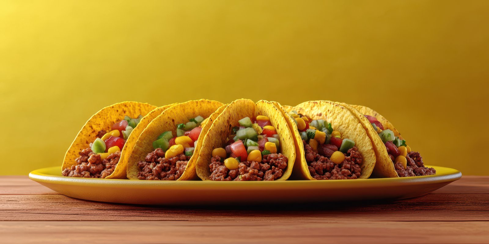 Colorful tacos filled with seasoned ground meat and fresh vegetables served on a vibrant yellow background